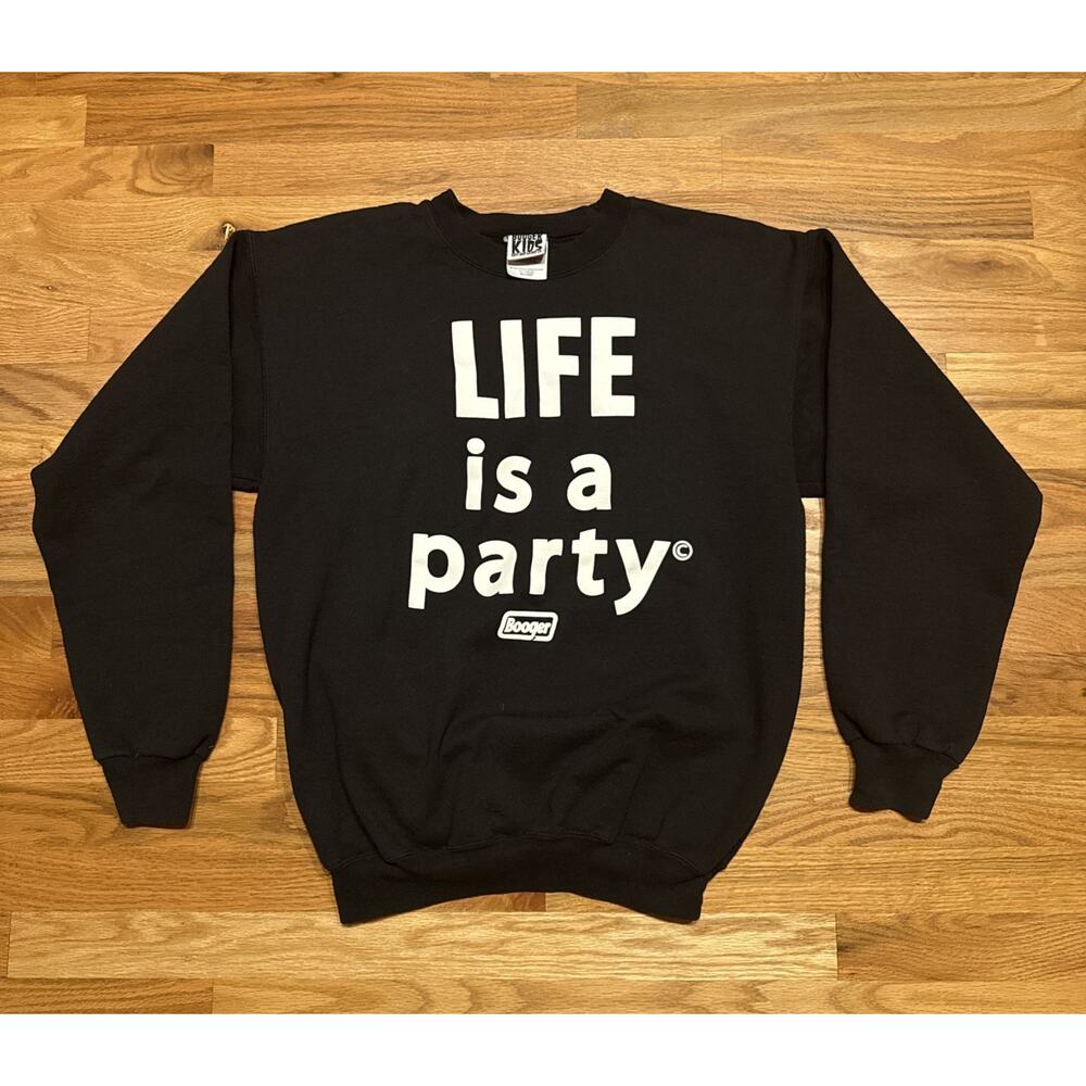 Booger kids Clothing Mens Life Is A Party Black Crewneck Sweatshirt Size Medium